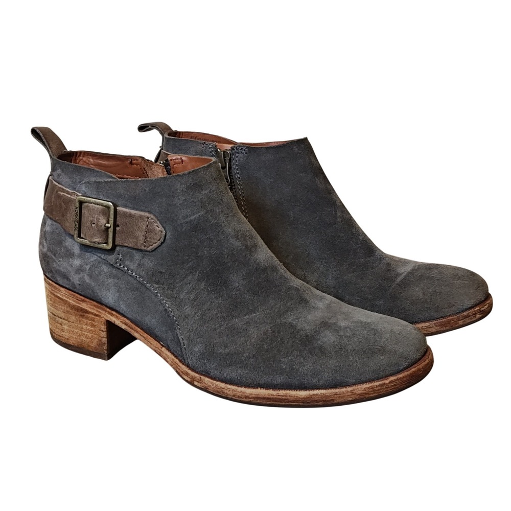 Kork-Ease Mesa Suede Ankle Boots Women‎ 8.5 Grey Brown Buckle Block Heel K54222